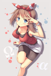  &gt;:) 10s 1girl bike_shorts blue_eyes blush bow bracelet breasts brown_hair cleavage covered_erect_nipples creatures_(company) female_focus game_freak grey_background hair_ribbon highres holding holding_poke_ball impossible_clothes impossible_shirt jewelry large_breasts leg_up looking_at_viewer may_(pokemon) may_(pokemon_oras) nintendo poke_ball pokemon pokemon_oras ribbon shirt sleeveless sleeveless_shirt smile solo two_side_up undershirt v-shaped_eyebrows v_over_eye yuki_usagi_(snowcanvas)  rating:Sensitive score:181 user:dmysta3000