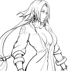 1girl breasts cleavage lineart long_hair lummypixith monochrome original solo