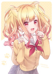  1girl animal_ears artist_name blonde_hair blush cardigan cat_ears cat_tail commentary_request dot_nose extra_ears gradient_hair grey_skirt hinata_mizuiro kemonomimi_mode looking_at_viewer multicolored_hair neckerchief open_mouth orange_eyes paw_pose paw_print pink_hair pleated_skirt project_sekai red_neckerchief sailor_collar sidelocks skirt smile solo tail tenma_saki twintails two-tone_background wavy_hair white_background white_sailor_collar yellow_background yellow_cardigan  rating:General score:3 user:danbooru