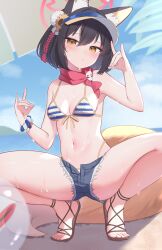  1girl animal_ear_fluff animal_ears beach bikini black_hair blue_archive blue_shorts blush breasts closed_mouth day double_fox_shadow_puppet fox_ears fox_shadow_puppet fox_tail full_body halo highres izuna_(blue_archive) izuna_(swimsuit)_(blue_archive) looking_at_viewer navel ocean official_alternate_costume outdoors parasol pink_halo red_scarf sandals scarf short_hair short_shorts shorts small_breasts solo striped_bikini striped_clothes swimsuit tail takeroku toes umbrella yellow_eyes 