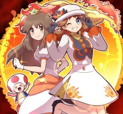  2girls back-to-back blue_eyes breasts brown_hair cosplay creatures_(company) crossover crown dress fire fire_daisy game_freak gen_1_pokemon gloves grin hat high_heels leaf_(champion)_(pokemon) leaf_(pokemon) leaf_(pokemon)_(cosplay) legendary_pokemon long_hair long_sleeves looking_at_another looking_at_viewer mario_(series) moltres multiple_girls nintendo official_alternate_costume one_eye_closed pokemon pokemon_(creature) pokemon_masters_ex princess_daisy princess_daisy_(cosplay) puffy_short_sleeves puffy_sleeves saon101 short_hair short_sleeves skirt smile super_mario_bros._wonder super_smash_bros super_smash_bros. toad_(mario) tomboy v white_dress wink 