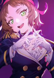 1girl beret blue_choker blue_jacket brown_hair buttons choker double-breasted epaulettes frilled_jacket frills gloves green_eyes hand_gesture hat highres jacket kira_tsubasa kuzen long_sleeves looking_at_viewer love_live! love_live!_school_idol_project open_mouth purple_background purple_hat short_bangs short_hair simple_background smile solo upper_body white_gloves