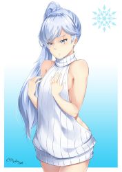  1girl backless_dress backless_outfit bare_shoulders blue_eyes breasts cowboy_shot dress emblem flat_chest gradient_background halterneck long_hair lulu-chan92 meme_attire naked_sweater ponytail ribbed_sweater rwby scar scar_across_eye scar_on_face side_ponytail sideboob solo sweater sweater_dress turtleneck turtleneck_sweater virgin_killer_sweater weiss_schnee white_hair  rating:Sensitive score:77 user:danbooru