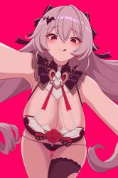  1girl :p absurdres armpits bails black_bow black_bra black_panties black_thighhighs bow bra breasts cleavage closed_mouth flower hair_bow highres honkai_(series) honkai_impact_3rd large_breasts licking_lips long_hair outstretched_arms panties pink_background pussy_juice red_eyes red_flower red_rose rose simple_background single_thighhigh smile solo string_panties theresa_apocalypse theresa_apocalypse_(luna_kindred) theresa_apocalypse_(lunar_vow:_crimson_love) thighhighs thighs tongue tongue_out underwear very_long_hair white_hair 