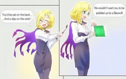  1girl baker_at_bat blonde_hair blouse breasts cape cleavage ellen_baker english_text closed_eyes glasses glynda_goodwitch green_eyes iesupa medium_breasts new_horizon open_mouth pantyhose parody riding_crop rwby shirt smile solo tablet_pc white_shirt 