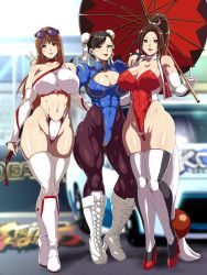  3girls boots breasts brown_eyes brown_hair bun_cover capcom choker chun-li cleavage covered_erect_nipples cross-laced_footwear crossover curvy dead_or_alive double_bun earrings elbow_gloves fatal_fury female_focus full_body gloves hair_bun high_heel_boots high_heels high_ponytail highleg highleg_leotard highleg_panties highres holding holding_sword holding_umbrella holding_weapon hoop_earrings jewelry kasumi_(doa) knee_boots lace-up_boots large_breasts leotard long_hair looking_at_viewer matching_hair/eyes multiple_girls muscular muscular_female navel panties pantyhose raburebo race_queen red_choker revealing_clothes shiny_clothes shiny_skin shiranui_mai skindentation snk standing street_fighter striped_clothes striped_thighhighs sunglasses sunglasses_on_head sword take_your_pick tecmo the_king_of_fighters thick_thighs thigh_boots thighhighs thighs thong thong_leotard umbrella underwear v very_long_hair weapon white_choker white_footwear white_thighhighs wide_hips  rating:Questionable score:171 user:Marcerner