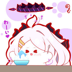  &gt;_&lt; :d afterimage ahoge blue_archive blush bowl closed_eyes facing_viewer food grey_hair hair_ornament hairclip halo highres hina_(blue_archive) holding holding_spoon horns kurukurumagical long_hair open_mouth shaved_ice simple_background single_hair_intake smile solo spoon upper_body very_long_hair white_background xd 