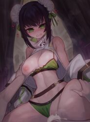  1boy 1girl bare_shoulders belt bikini black_hair breasts bun_cover cleavage collarbone cowgirl_position double_bun fate/grand_order fate_(series) girl_on_top grabbing grabbing_another&#039;s_breast green_bikini green_eyes green_ribbon group_sex hair_bun hair_ribbon hetero jacket large_breasts long_sleeves looking_at_viewer m0_chi navel nipples off_shoulder open_clothes open_jacket open_mouth pussy qin_liangyu_(chainsaw_of_the_dead)_(fate) qin_liangyu_(fate) ribbon sex sidelocks spread_legs straddling swimsuit thighs vaginal white_jacket  rating:Explicit score:18 user:danbooru