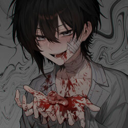  1boy :d asymmetrical_hair bags_under_eyes bandaged_neck bandages black_hair blood blood_on_clothes blood_on_face blood_on_hands blush distortion grey_background grey_eyes grey_shirt guro hair_between_eyes highres holding male_focus nanin open_mouth original severed_ear shirt smile solo teeth upper_body 