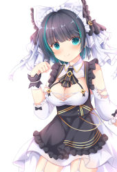  1girl apron azur_lane black_apron black_hair bow breasts cheshire_(azur_lane) cleavage closed_mouth commentary detached_sleeves dress fang fang_out frilled_apron frilled_bow frills green_eyes green_hair hair_bow hand_up highres kedama_(kedama_akaza) long_sleeves maid maid_headdress medium_breasts multicolored_hair puffy_long_sleeves puffy_sleeves revision simple_background sleeveless sleeveless_dress smile solo streaked_hair white_background white_bow white_dress white_sleeves wrist_cuffs  rating:Sensitive score:8 user:danbooru