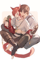  2boys adventurer_(ff14) animal_ears archon_mark arm_around_waist barefoot between_legs black_socks bracelet bracer brown_background brown_hair brown_pants cat_boy cat_ears cat_tail closed_eyes facial_mark final_fantasy final_fantasy_xiv full_body g&#039;raha_tia grey_pants grey_shirt hair_ornament highres hyur indian_style jacket jacket_partially_removed jewelry male_focus mid.m miqo&#039;te multiple_boys neck_tattoo no_shoes pants pendant red_eyes red_hair red_jacket shirt short_hair simple_background sitting slit_pupils smile socks swept_bangs tail tattoo toeless_footwear two-tone_background warrior_of_light_(ff14) white_background x_hair_ornament yaoi 