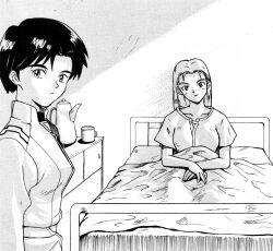  2girls bed bed_sheet choppy_bangs coffee_mug coffee_pot collarbone cup desk greyscale hospital_bed hospital_gown ibuki_maya indoors long_hair looking_at_viewer marie_vincennes monochrome mug multiple_girls neon_genesis_evangelion non-web_source official_art pov short_hair sitting standing the_nerv_white_paper uniform 