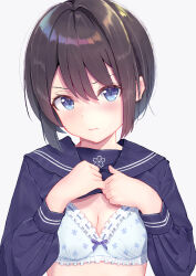  1girl black_sailor_collar black_serafuku blue_bra blue_eyes blush bra breasts brown_hair cleavage closed_mouth clothes_lift collared_shirt embarrassed frilled_bra frills frown highres lifted_by_self looking_at_viewer original sailor_collar school_uniform serafuku shirt shirt_lift simple_background small_breasts solo underwear uniform upper_body wavy_mouth white_background yuna_rebun  rating:Questionable score:18 user:danbooru
