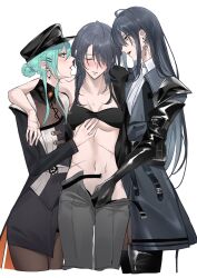  3girls absurdres aqua_eyes aqua_hair arms_around_neck black_bra black_coat black_dress black_gloves black_hair black_hat black_pantyhose black_skirt blush bra bra_lift breasts chief_(path_to_nowhere) coat collared_shirt commentary_request cow dress earrings elbow_gloves female_chief_(path_to_nowhere) fff_threesome fingering girl_sandwich gloves grey_pants group_sex hair_bun hat highres jewelry long_hair long_sleeves looking_at_another medium_breasts multiple_girls nightingale_(path_to_nowhere) open_mouth open_pants pants pantyhose parted_lips path_to_nowhere rahu_(path_to_nowhere) sandwiched scar scar_across_eye scar_on_stomach shirt simple_background skirt sweat thigh_strap threesome toho10min underwear white_background white_shirt yuri 