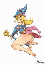  1girl absurdres artist_name ass barefoot blonde_hair blush_stickers bracer dark_magician_girl feet from_behind full_body green_eyes hat highres holding holding_staff koordovac long_hair open_mouth simple_background smile soles solo staff thick_thighs thighs toes white_background wizard_hat yu-gi-oh! yu-gi-oh!_duel_monsters 