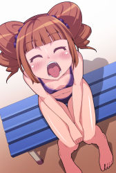 1girl barefoot bench bikini blush bon_(moegomi) brown_hair drill_hair closed_eyes flat_chest from_above idolmaster idolmaster_(classic) looking_at_viewer open_mouth oral_invitation sitting solo swimsuit takatsuki_yayoi tongue tongue_out twintails rating:Questionable score:65 user:danbooru