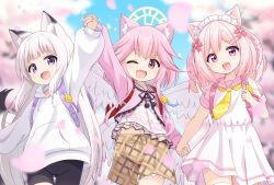  3girls angel_wings animal_ear_fluff animal_ears arms_up backpack bag bike_shorts black_shorts brown_shorts cat_ears cat_girl cherry_blossoms child commission crime_prevention_buzzer dress fang feathered_wings fox_ears fox_girl fox_tail groin halo highres holding_hands hood hoodie long_hair looking_at_viewer maid_headdress mogura2009 multiple_girls navel one_eye_closed open_mouth original outdoors petals pink_dress pink_eyes pink_hair pink_shirt plaid plaid_shorts purple_eyes randoseru shirt short_hair short_sleeves shorts skeb_commission smile tail thighhighs thighs two_side_up very_long_hair white_hair white_hoodie white_shirt white_thighhighs white_wings wings 