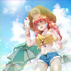  1girl :p ahoge arched_bangs artist_name blue_shorts blue_sky braid breasts cherry choppy_bangs cloud cloudy_sky commentary_request cream_soda cropped_shirt dated denim denim_shorts drink drinking_straw earrings eebe eyelashes fingernails food from_below fruit green_eyes hair_tie hand_on_own_chest hands_up hat holding holding_drink jewelry large_breasts lens_flare licking_lips light_particles long_hair looking_at_object low-tied_long_hair multicolored_eyes multiple_bracelets navel open_fly original outdoors parasol red_bracelet red_hair shirt short_shorts shorts sky sleeveless sleeveless_shirt solo stomach straw_hat sun_hat sunlight thighs tied_shirt tongue tongue_out torn_clothes torn_shorts twin_braids umbrella unbuttoned unzipped whipped_cream yellow_bracelet yellow_eyes 