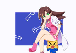  &gt;_&lt; 1girl :d ankle_boots boots breasts brown_hair closed_mouth commentary_request crossed_legs dress earrings green_eyes head_rest jewelry kaidou_zx lab_coat long_hair looking_at_viewer mega_man_(series) mega_man_legends mega_man_legends_(series) mega_man_x_(series) mega_man_x_dive open_clothes open_mouth pink_dress pink_footwear robot servbot_(mega_man) short_dress simple_background sitting sleeves_rolled_up small_breasts smile the_misadventures_of_tron_bonne thighs tron_bonne_(mega_man) wrench xd 