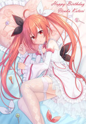 1girl ahoge argyle argyle_clothes argyle_legwear bare_shoulders bed_sheet birthday black_ribbon blush bow breasts candy chestnut cleavage date_a_live detached_sleeves dress eyelashes floral_print flower food frilled_dress frilled_pillow frilled_sleeves frills garter_belt hair_between_eyes hair_ribbon happy_birthday head_on_pillow heart heart-shaped_pillow highres itsuka_kotori lollipop long_hair long_legs long_sleeves looking_at_viewer lying neck_ribbon on_side open_mouth pillow raised_eyebrows red_bow red_eyes red_flower red_hair red_ribbon red_rose ribbon rose rose_print sidelocks sleeveless sleeveless_dress small_breasts solo thighhighs thighs tsubasaki twintails very_long_hair white_dress white_garter_belt white_ribbon white_thighhighs wide_sleeves rating:General score:18 user:danbooru