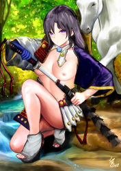  1girl absurdres black_hair blue_eyes breasts fate/grand_order fate_(series) forest highres holding holding_weapon horse katana long_hair medium_breasts nature nude river samurai sword tagme ushiwakamaru_(fate) weapon  rating:Questionable score:8 user:YuukoTanawa