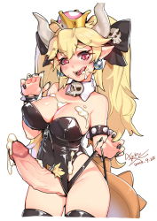 1girl absurdres armlet black_leotard black_nails black_panties black_ribbon black_thighhighs blonde_hair blush bodysuit bowsette bracelet breasts cleavage cosplay cowboy_shot crown cum cum_on_body cum_on_breasts cum_on_self cum_on_upper_body dated detached_collar erection female_pubic_hair fingernails from_side futanari hair_between_eyes head_tilt highres horns jewelry kigurumi large_breasts large_penis leotard lifted_by_self long_fingernails mario_(series) nail_polish new_super_mario_bros._u_deluxe nintendo panties panty_pull penis pubic_hair pussy red_eyes ribbon signature simple_background spiked_armlet spiked_bracelet spikes standing super_crown thick_eyebrows thighhighs thighs trevor25527766 twintails uncensored underwear white_background rating:Explicit score:103 user:danbooru