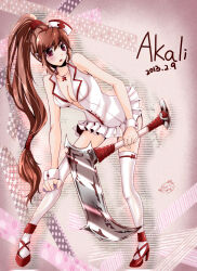  1girl absurdres akali blush breasts brown_hair character_name cleavage commentary_request cross cross_necklace dated dress frilled_dress frills full_body hat high_ponytail highres jewelry kama_(weapon) lanmei_jiang league_of_legends leaning_forward long_hair looking_at_viewer low-tied_long_hair medium_breasts necklace nurse nurse_akali nurse_cap open_mouth ponytail red_eyes red_footwear shoes short_dress sickle solo standing thighhighs very_long_hair white_dress white_thighhighs wrist_cuffs 