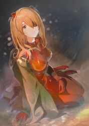  1girl absurdres artist_request blue_eyes bodysuit breasts brown_hair closed_mouth eyepatch full_body green_jacket hair_between_eyes hair_ornament highres interface_headset jacket legs_together long_hair looking_at_viewer neon_genesis_evangelion pilot_suit plugsuit rebuild_of_evangelion red_bodysuit shiny_clothes simple_background sitting skin_tight solo souryuu_asuka_langley two_side_up very_long_hair wide_hips 