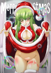  1girl bare_shoulders blush breasts bridal_gauntlets bubble c.c. cleavage clothes_lift code_geass dress dress_lift elbow_gloves gloves green_hair hat highres kaname_aomame looking_at_viewer merry_christmas no_panties santa_costume santa_hat solo thigh_gap yellow_eyes  rating:Explicit score:33 user:mxju