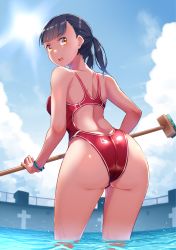  1girl ass black_hair blue_sky brown_eyes cleaning_brush cloud commentary_request competition_swimsuit cowboy_shot from_behind highleg highleg_swimsuit highres long_hair looking_at_viewer looking_back low_twintails mendou_saya one-piece_swimsuit original pool red_one-piece_swimsuit sky soaking_feet solo swimsuit twintails water 