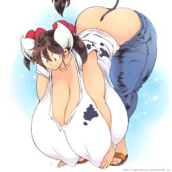 1girl ass bent_over breasts brown_hair cleavage covered_erect_nipples cow denim feet gigantic_breasts hataraki_ari highres horns jeans pants ribbon sandals shirt sukimi tail thick_thighs thighs yellow_eyes rating:Questionable score:130 user:¥¥¥