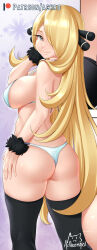 1girl absurdres achromaru ass back bikini black_thighhighs blonde_hair breasts closed_mouth commentary creatures_(company) cynthia_(pokemon) english_commentary from_behind fur_cuffs game_freak grey_eyes hair_ornament hair_over_one_eye highres large_breasts long_hair looking_at_viewer looking_back micro_bikini nintendo paid_reward_available patreon_logo patreon_username pokemon pokemon_dppt smile solo strap_gap swimsuit thighhighs thong_bikini very_long_hair white_bikini wrist_cuffs 
