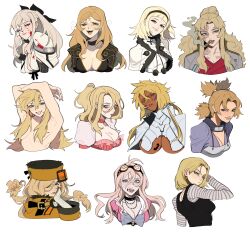  6+girls :p absurdres ahoge android_18 arms_up arrancar bad_girl balalaika_(black_lagoon) black_bow black_hairband black_lagoon bleach blonde_hair blood blood_on_clothes blood_on_face blue_eyes blunt_bangs bow breast_tattoo breasts burn_scar capelet cigar cleavage color_connection convenient_censoring crossed_bangs crossover danganronpa_(series) dark-skinned_female dark_skin drag-on_dragoon drag-on_dragoon_3 dragon_ball dress earrings facial_mark female_focus fingerless_gloves flower flower_over_eye forehead_mark forehead_protector frills fur_hat fur_trim gloves green_eyes grin guilty_gear guilty_gear_xrd hair_between_eyes hair_bow hair_censor hair_over_breasts hairband hat highres huge_breasts iruma_miu jewelry large_breasts long_hair long_sleeves looking_at_viewer medium_breasts medium_hair millia_rage mole mole_under_eye multiple_crossover multiple_girls naruto naruto_(series) no_more_heroes nosebleed nude number_tattoo one_(drag-on_dragoon) panty_&amp;_stocking_with_garterbelt panty_(psg) ponytail porqueloin quad_tails red_eyes revealing_clothes roman_numeral scar scar_on_face shirt short_bangs short_hair simple_background smile smoking striped_clothes striped_shirt sunagakure_symbol tattoo temari_(naruto) tier_harribel tongue tongue_out trait_connection underboob ushanka white_background white_capelet white_hair zero_(drag-on_dragoon) 