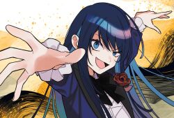  1girl ado_(utaite) black_bow black_bowtie blue_eyes blue_hair blue_jacket bow bowtie chando_(ado) cloud_nine_inc commentary dark_blue_hair fang flower flower_brooch highres jacket long_hair long_sleeves looking_at_viewer mole mole_under_eye multicolored_hair nail_polish open_clothes open_jacket open_mouth outstretched_arms red_flower red_rose riseno rose show_(ado) sidelocks solo two-tone_hair upper_body utaite 