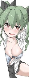  1girl anchovy_(girls_und_panzer) around_corner black_ribbon black_skirt blue_bra blush bra breasts bright_pupils commentary dress_shirt drill_hair elf_(stroll_in_the_woods) girls_und_panzer hair_ribbon highres long_hair long_sleeves looking_at_viewer medium_breasts open_clothes open_mouth open_shirt red_eyes ribbon shirt sitting skirt smile solo textless_version twin_drills twintails underwear white_background white_pupils white_shirt wing_collar 