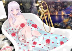  1girl azur_lane bathtub breasts completely_nude flower holding holding_flower large_breasts long_hair looking_at_viewer nipples nude petals petals_on_liquid pink_eyes pink_hair plymouth_(azur_lane) ppshex red_flower red_rose rose rose_petals solo 