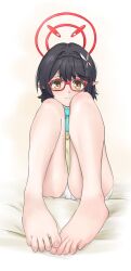  1girl absurdres ayane_(blue_archive) bare_legs barefoot black_hair blue_archive braid closed_mouth crown_braid feet female_focus foot_focus foreshortening full_body glasses hair_ornament halo highres knees_up no_pants panties pointy_ears red-framed_eyewear shirow_(mha03133) sitting solo thighs toenails toes underwear white_panties x_hair_ornament yellow_eyes 