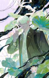  1boy abstract_background absurdres backpack bag black_pants blue_eyes cigarette coat collared_shirt cowboy_shot expressionless flower ginko green_coat hair_over_one_eye hand_up highres looking_up lotus lotus_leaf male_focus mong_120 mushishi one_eye_covered pants shirt short_hair smoke smoking solo standing white_flower white_hair white_shirt 