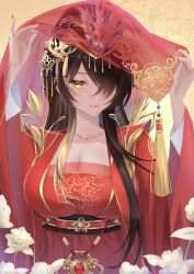  1girl absurdres azur_lane bin_jiang_(azur_lane) black_hair breasts character_request check_character chinese_clothes cleavage closed_mouth collarbone copyright_request dress duijin_ruqun flower hair_ornament hair_over_one_eye hanfu highres large_breasts long_hair long_sleeves looking_at_viewer mole mole_under_eye red_dress sking18382256084 smile solo upper_body veil wide_sleeves yellow_eyes 