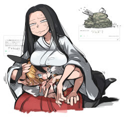 1boy 1girl :3 black_eyes black_hair black_skirt blonde_hair blue_eyes blush breast_rest breasts breasts_on_head closed_mouth constricted_pupils cropped_legs dara-san_(reiwa_no_dara-san) eating_hair extra_arms forehead freckles glasgow_smile hakama hand_on_another&#039;s_head highres holding_hands interlocked_fingers japanese_clothes kimono lap_pillow large_breasts long_hair long_sleeves miko military_vehicle misogiya_kaoru motor_vehicle red_hakama reiwa_no_dara-san request_inset shirt skirt tank tirarizun translation_request trap very_long_hair wavy_mouth white_kimono white_shirt wide_sleeves yamatagi_madara zsu-23-4