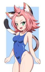 1girl absurdres abysswatchers animal_ears arms_at_sides blue_background blue_one-piece_swimsuit blush border breasts cat_ears cat_girl cat_tail collarbone covered_navel cowboy_shot diona_(genshin_impact) eyebrows eyelashes fang female_focus genshin_impact green_eyes highleg highleg_one-piece_swimsuit highres loli looking_at_viewer medium_hair one-piece_swimsuit open_mouth pink_hair simple_background small_breasts smile solo standing swimsuit tail thick_thighs thighs white_border  rating:Sensitive score:26 user:Only_Kemonomimi