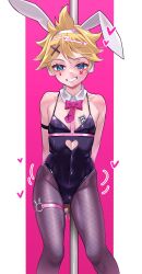  1boy animal_ears arm_strap arms_behind_back bare_shoulders blonde_hair blue_eyes blush bound bound_wrists bow bowtie bulge c_take0141 card clothing_cutout covered_navel crossdressing cuffs detached_collar fake_animal_ears feet_out_of_frame fishnet_pantyhose fishnets hair_ornament handcuffs heart_cutout highres kagamine_len legs looking_at_viewer male_focus male_playboy_bunny motion_lines pantyhose playing_card purple_bow purple_bowtie purple_pantyhose rabbit_ears short_hair skindentation solo thigh_strap thighs trap vocaloid x_hair_ornament  rating:Questionable score:53 user:danbooru