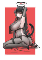  1girl absurdres animal_ears arm_warmers armpits arms_behind_head arms_up artist_logo ass black_hair black_halo black_panties black_pantyhose blue_archive blush border breasts bright_pupils cat_ears cat_tail chinese_commentary closed_mouth commentary_request fake_animal_ears fake_tail feet from_side hair_ornament hairclip halo highres large_breasts long_hair looking_at_viewer malon_(chuan2700) no_shoes outside_border panties pantyhose red_background red_eyes revealing_clothes rio_(blue_archive) see-through seiza sitting soles solo tail thighband_pantyhose thong toes underwear very_long_hair white_border white_pupils  rating:Sensitive score:34 user:danbooru