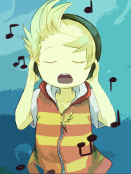  1boy bad_id bad_pixiv_id blonde_hair child closed_eyes headphones listening_to_music lucas_(mother_3) male_focus mother_(game) mother_3 musical_note nintendo quiff solo  rating:General score:10 user:danbooru