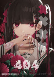 1girl bandaid bandaid_on_arm bandaid_on_hand barbell_piercing black_background black_hair black_nails black_shirt blunt_bangs blush collarbone covered_mouth ear_piercing earrings fingernails flower hair_ornament hairclip hand_to_own_mouth hand_up highres jewelry kanju lock long_fingernails long_hair long_sleeves looking_at_viewer multicolored_hair nail_art nail_polish original padlock piercing pink_nails portrait purple_hair red_eyes red_flower roman_numeral sailor_collar school_uniform sharp_fingernails shirt solo stud_earrings tattoo twintails two-tone_hair upper_body white_sailor_collar x_hair_ornament yami_kawaii rating:General score:6 user:danbooru