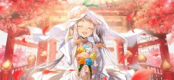  1girl \m/ ^_^ artist_request autumn_leaves blue_flower blue_rose blurry blurry_foreground bouquet bridal_veil child closed_eyes code_geass code_geass:_lost_stories covered_navel dress facing_viewer falling_leaves female_focus flower game_cg hair_flower hair_ornament hands_up happy hat hat_flower holding holding_bouquet leaf light_rays long_hair long_sleeves non-web_source official_art open_mouth orange_flower orange_rose pagoda red_background rose see-through_veil sidelocks smile solo standing sunlight tears teeth tianzi tree upper_body veil very_long_hair wedding_dress white_dress white_flower white_hair white_rose yellow_flower yellow_rose 