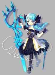 1girl black_bow black_gloves black_pantyhose blue_hair blush bow breasts cleavage closed_mouth commentary_request detached_sleeves dress drill_hair frilled_dress frilled_sleeves frills full_body gloves green_eyes grey_background grey_pantyhose gwen_(league_of_legends) hair_bow league_of_legends long_hair looking_at_viewer medium_breasts miya_(chocolate_holic) pantyhose puffy_short_sleeves puffy_sleeves short_sleeves signature simple_background smile solo strapless strapless_dress striped_clothes striped_pantyhose twin_drills twintails white_dress rating:Sensitive score:3 user:danbooru