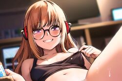  1girl absurdres bare_shoulders behind-the-head_headphones black_camisole blurry blurry_background blush breasts camisole collarbone crop_top flashing glasses grin headphones highres indoors kagami_art leaning_back light_particles long_hair monitor navel nipple_slip nipples orange_hair persona persona_5 pulling_own_clothes purple_eyes round_eyewear sakura_futaba small_breasts smile solo stomach sweat teeth  rating:Questionable score:80 user:danbooru