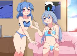  2girls absurdres amami_ami belly blue_bra blue_eyes blue_hair blue_panties blush blush_stickers bow bra breasts chiaki_katsumi commission couch cupboard food highres indoors knees long_hair looking_at_another multiple_girls navel open_mouth panties pillow pink_eyes pixellink prism_project ribbon short_hair sitting small_breasts standing sweets thighs twintails underwear underwear_only virtual_youtuber wallpaper  rating:Questionable score:2 user:Satoko