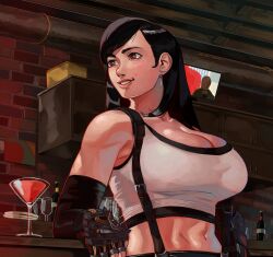 1girl absurdres black_hair black_shirt breasts cleavage cocktail_glass cup dangle_earrings drinking_glass earrings eloe final_fantasy final_fantasy_vii final_fantasy_vii_remake highres indoors jewelry jumboiiii large_breasts looking_to_the_side red_eyes shirt sitting smile solo suspenders tank_top tifa_lockhart upper_body white_tank_top